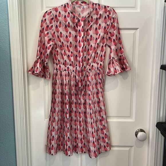Pink and Red feather Patterned Dress marked medium fits small - Picture 2 of 8
